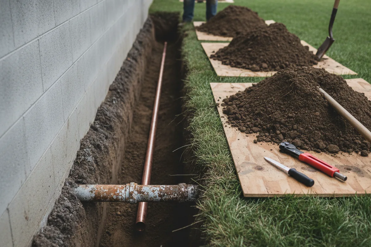 Excavated water line trench during Water Softener Installation in Cummington